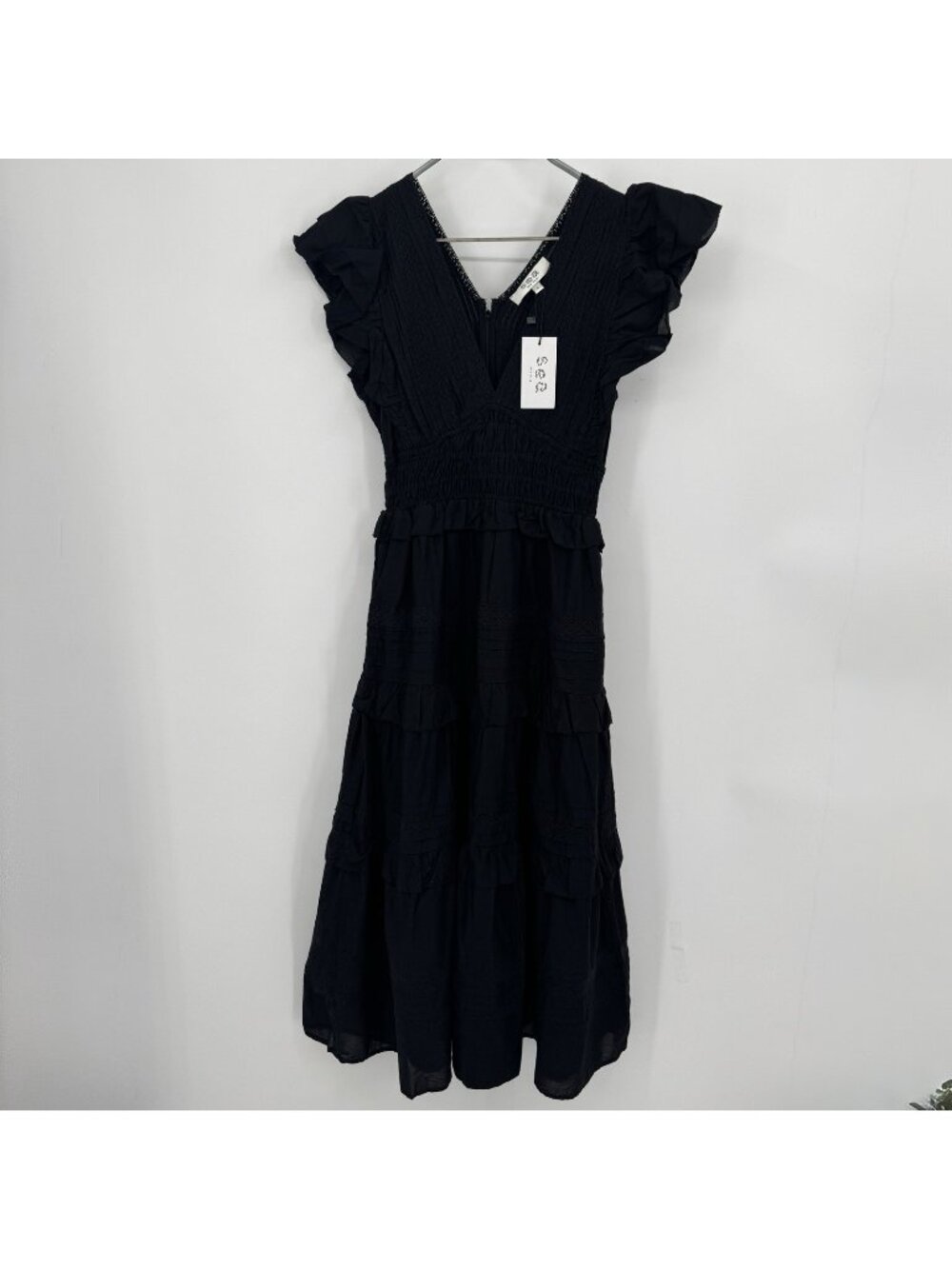 Sea New York Black Loren Solid Cambric Flutter Sleeve V-Neck Midi Dress S SEA NY